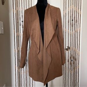Tahari Flowy Lapel Long Length Faux Suede Brown Womens Jacket Size S